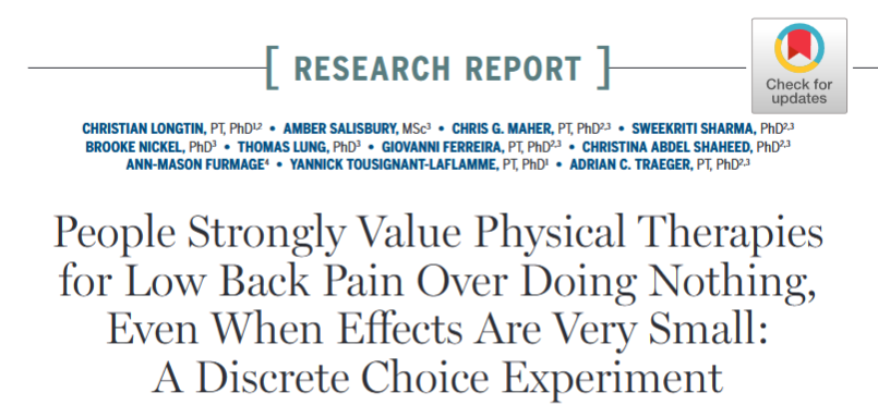 JOSPT's tweet image. People with #LowBackPain have a strong preference for #PhysicalTherapy even when the effects are small

A discreet choice experiment ➡️ ow.ly/7AZe50WRssy

#yourJOSPT #ResearchReport