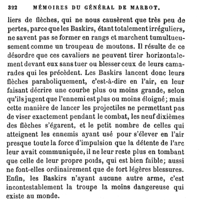 MayoMainz's tweet photo. Paul Thiébault described the Bashkir regiments in the Russian army as excellent archers, able to hit a coin at 100 paces. 
Marcellin Marbot, conversely, wrote that the Bashkirs in 1812 were "the least dangerous troop that exists in the world," and missed 9 out of every 10 arrows. https://t.co/kYhoRVVG6U