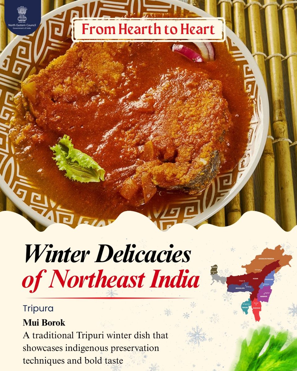 NEC_GoI's tweet photo. Mui Borok cuisine of Tripura is rooted in tradition — simple, earthy, and full of indigenous flavours. A reflection of community, culture, and age-old food wisdom served on a plate. 🍲

#TripuraCuisine #MuiBorok #TraditionalDish https://t.co/CcCsPFEVoF
