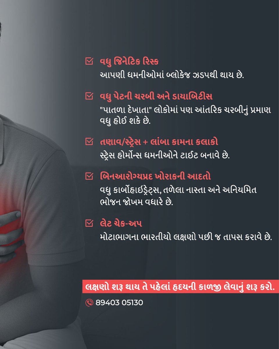 Why do Indians get heart attacks 10 years earlier than others?

The reasons are many -
Genetic risk, abdominal fat, diabetes, stress, eating habits and late check-ups.

Timely check-ups and lifestyle changes can prevent heart attacks.

#IAmHeartHealthy #DrTejasVPatel