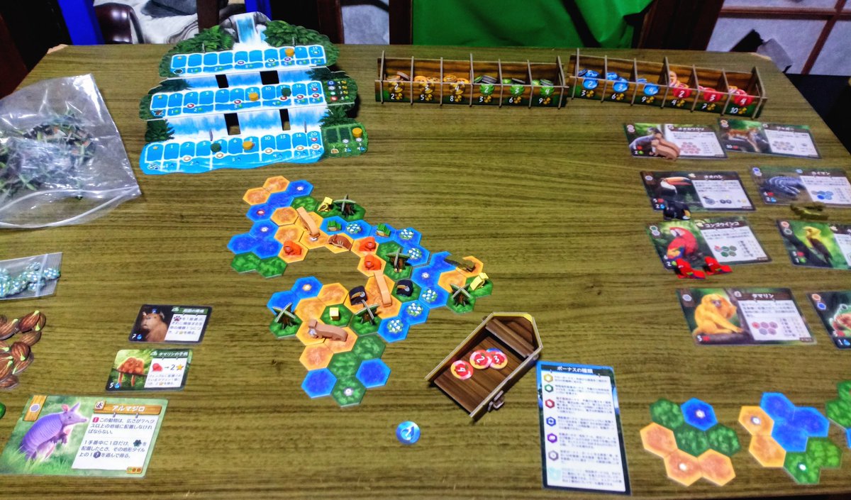 #ボードゲーム
ライフ・オブ・ジ・アマゾニア
ソロ２回目　88点
ジャガーとカワウソ配置できたのが嬉しい♪
１回目が20点代だったのを考えると
頑張れた方か…💦
100点超えたいにゃ〜。
要練習！