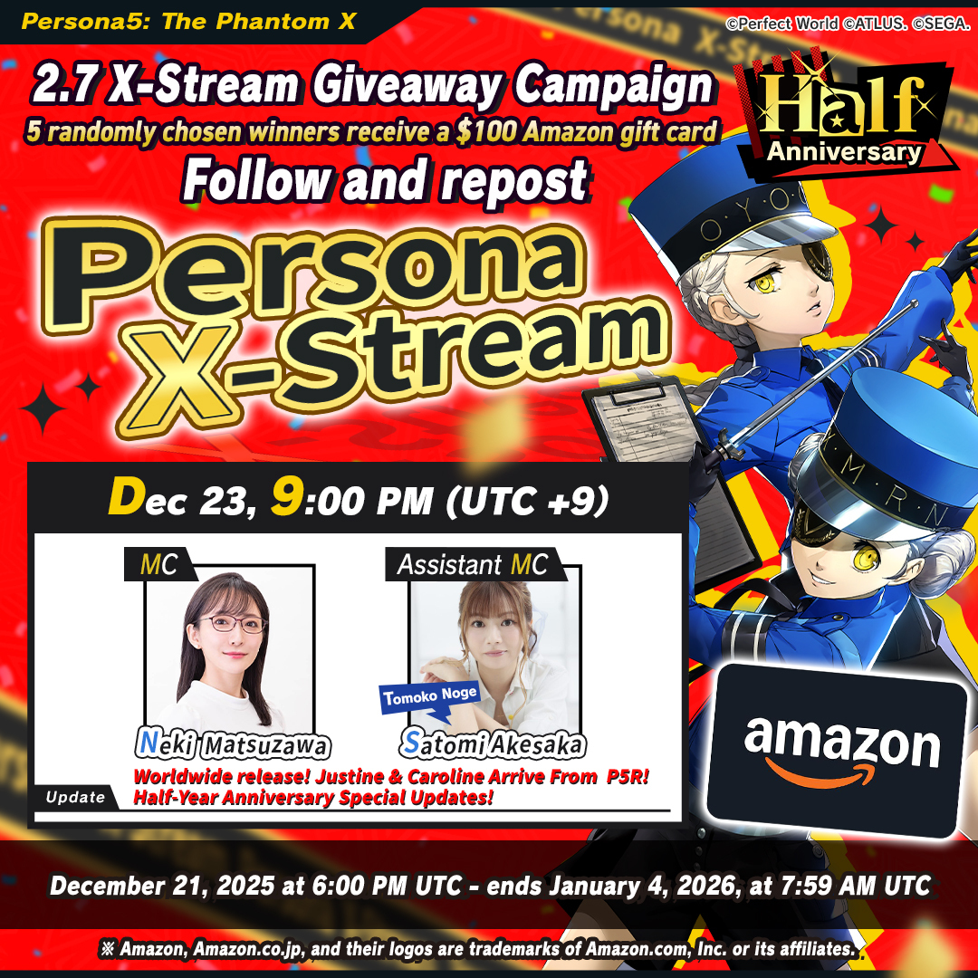 ／
Follow and repost this post
for a chance to win $100 through Amazon gift card! Five reposters will win!
＼

✧ː─────⸜Broadcast Coming Soon!⸝‍─────ː✧
　 Persona X-Stream ver.2.7
     Half-Year Anniversary Special Edition!
　　　　　　        Starts at 12:00 PM on