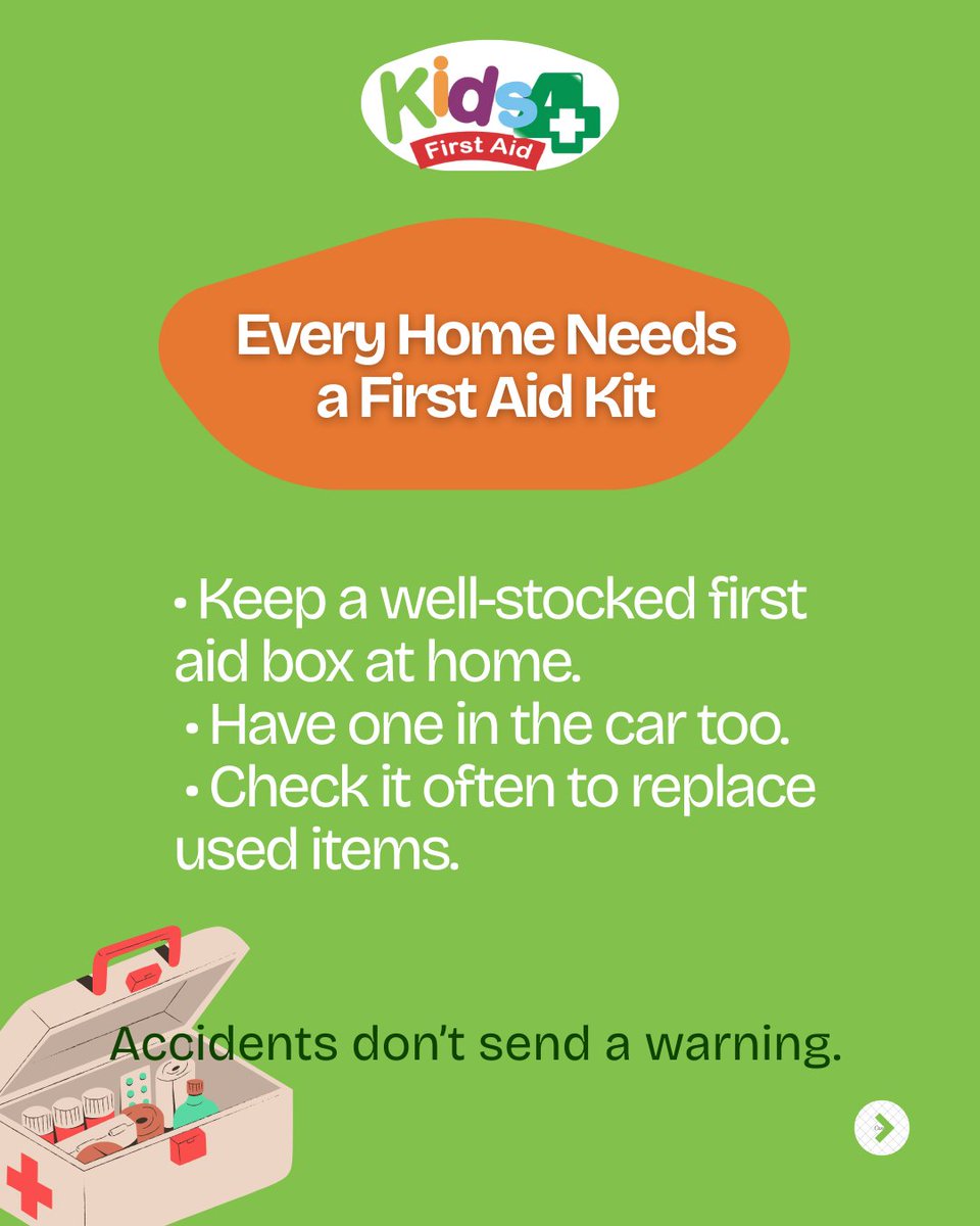 Kids4FirstAid's tweet photo. First aid isn’t just for grown-ups. We're empowering the next generation to stay calm and act fast. Whether it's a fever or a household hazard, these are the basics every "Safety Kid" should know.
Be prepared, stay safe! 💚 #Kids4FirstAid #Health https://t.co/6F89spKGKC