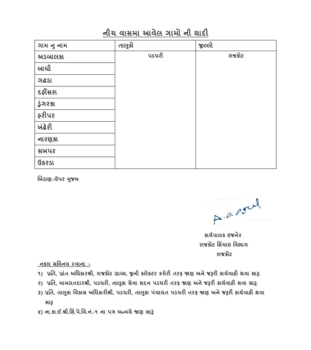 CollectorRjt's tweet photo. કાલ તારીખ 24/12/2025ના રોજ સવારે 07:00 વાગ્યે  આજી -2 સિંચાઇ યોજનામાં બકેટ રીપેરીંગના કામ હેતુસર પાણી ખાલી કરવા માટે 4 ગેઇટ,6 ઇંચ ખોલવામાં આવશે જે કારણોસર નિચવાસના ગામો જેવા કે અડબાલકા,બાધી,દહીસરડા,ડુંગરકા,ગઢડા,હરીપર,ખંઢેરી,નારણકા,સખપર અને ઉકરડાને સાવચેત રહેવા જણાવવામાં આવે છે https://t.co/aO3cdZVXPL