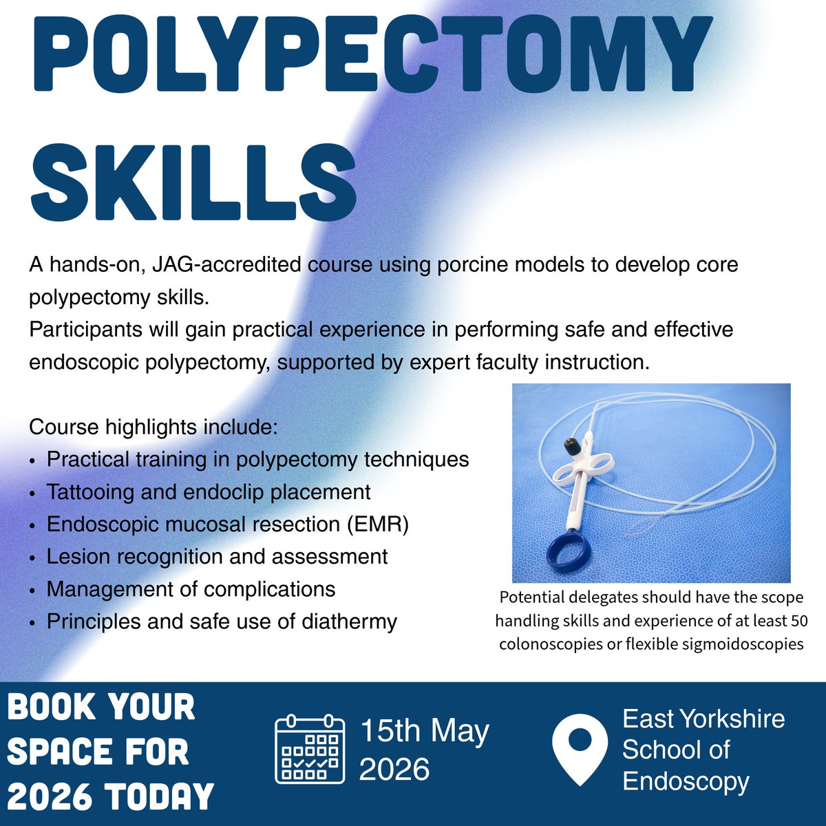 EYSETRAINING's tweet image. ✨Join us for our Polypectomy Skills course in 2026 at the East Yorkshire School of Endoscopy!✨
To book your space visit jets.thejag.org.uk/home

#polypectomy #training #endoscopy 
@endoscopy_META @BSGNurses @BSGTrainees