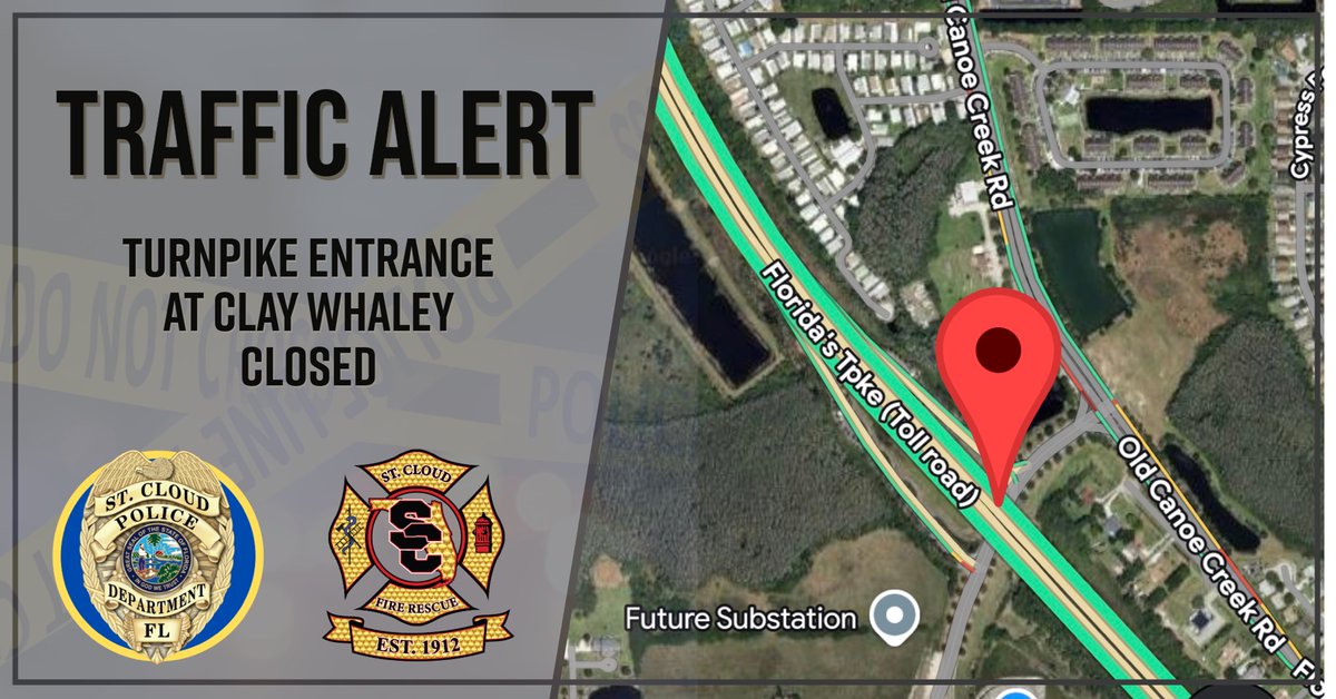 stcloudfire's tweet image. TRAFFIC ALERT

The entrance to the Florida’s Turnpike at Clay Whaley Road is temporarily closed due to an overturned semi  blocking all northbound lanes at MM 244.

Use Osceola Parkway entrance instead.