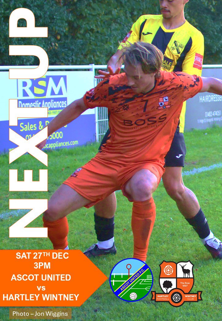 Next up…

Last game of 2025 finds The Row on the road

<a href="/IsthmianLeague/">The Pitching In Isthmian League</a> South Central

<a href="/AscotUnitedFC/">Ascot United FC</a> vs <a href="/HartleyFC/">Hartley Wintney FC</a> 

🗓️Sat 27th Dec
📍SL5 7LJ
🕒3pm
🎟️Adult £10
🎟️Concession £7
🎟️U18 £3
🍔🍫🫖☕️🍺✅
‼️Card only facility throughout‼️

Get along and get behind the lads! 

#UTR🧡
