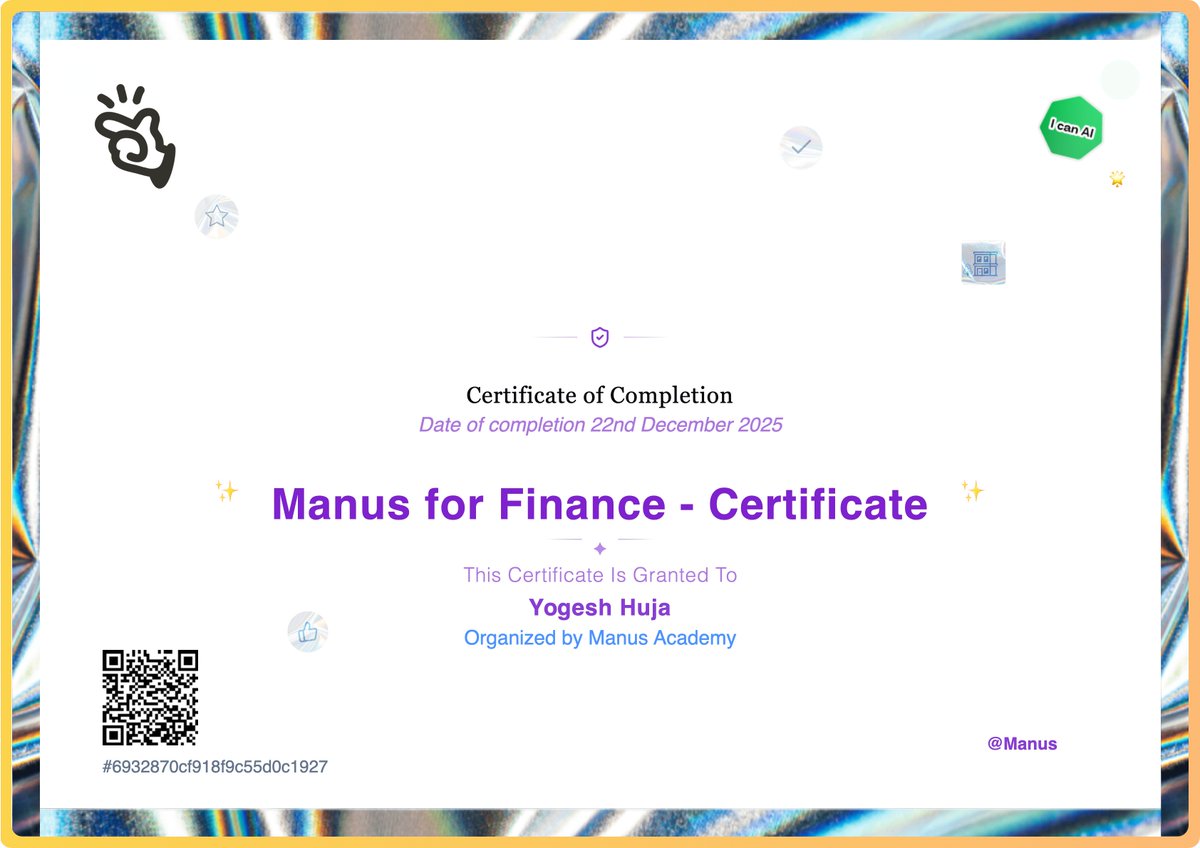I just earned Manus for Finance - Certificate with @ManusAcademy ! I'm on Fire with <a href="/ManusAI/">Manus</a>  academy.manus.im/certificate/ma…