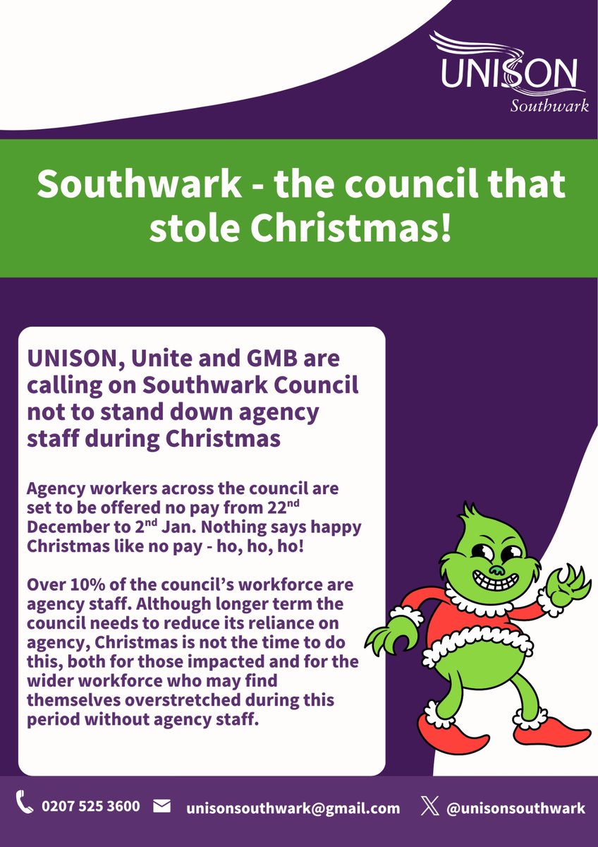 Southwark are “standing down” agency staff from 22nd Dec until 2nd Jan. This includes agency staff in Waste and Cleansing who are low paid and will only be given 50% of their usual hours. How will they afford Xmas with their loved ones? <a href="/SouthwarkLabour/">Southwark Labour</a> <a href="/SouthwarkLibDem/">Southwark Lib Dems</a>