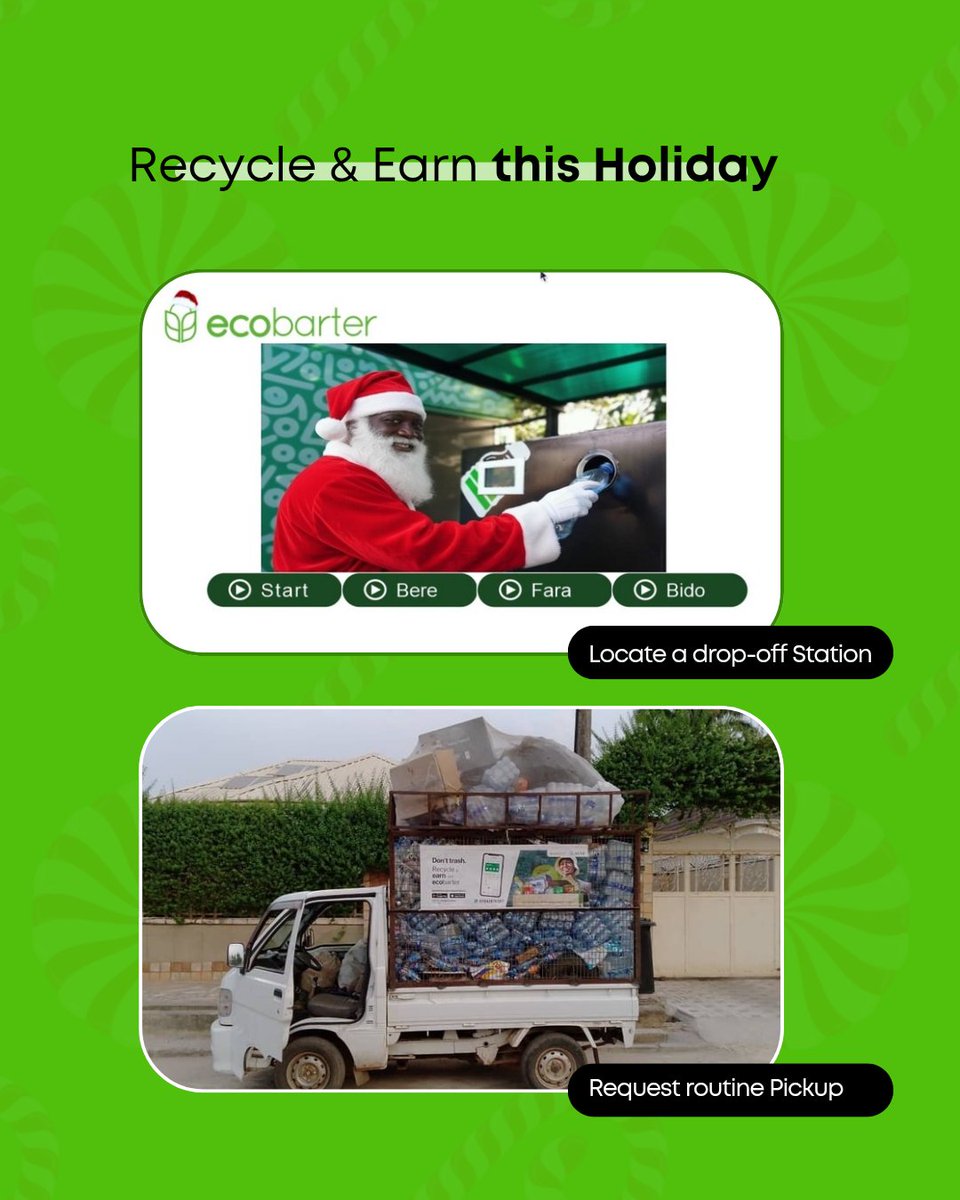 EcoBarter's tweet photo. "Detty December" doesn't have to mean "Dirty December". Be a part of the solution and not the pollution this holiday season by recycling your wastes with us. 
Request pickup: https://t.co/cD5M6QUgtO 
find a drop-off station: https://t.co/w0HdpGwAOo  

Happy holidays ecochamps. https://t.co/FlQBwhlkAU