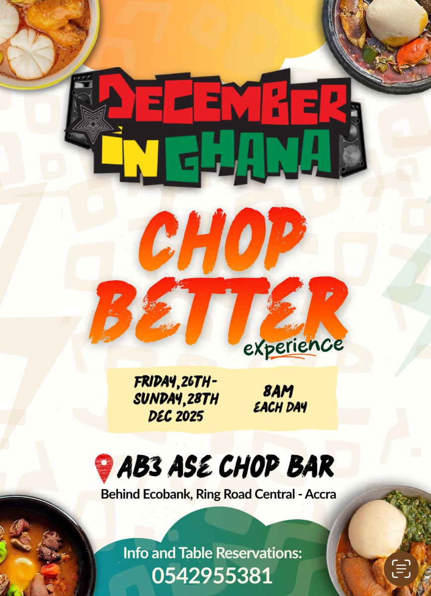 SupInfluencers's tweet photo. 🚨 ACCRA! 🇬🇭 You are about to be hit with the most indigenous food festivals to hit the city! What you go fit chop? 

We've got all that on deck at Ab3 Ase @ Asylum Down on 26th, 27th and 28th December.  #ChopBetterExperience
#AbɛAseChopBar https://t.co/QpjyfZGdJX