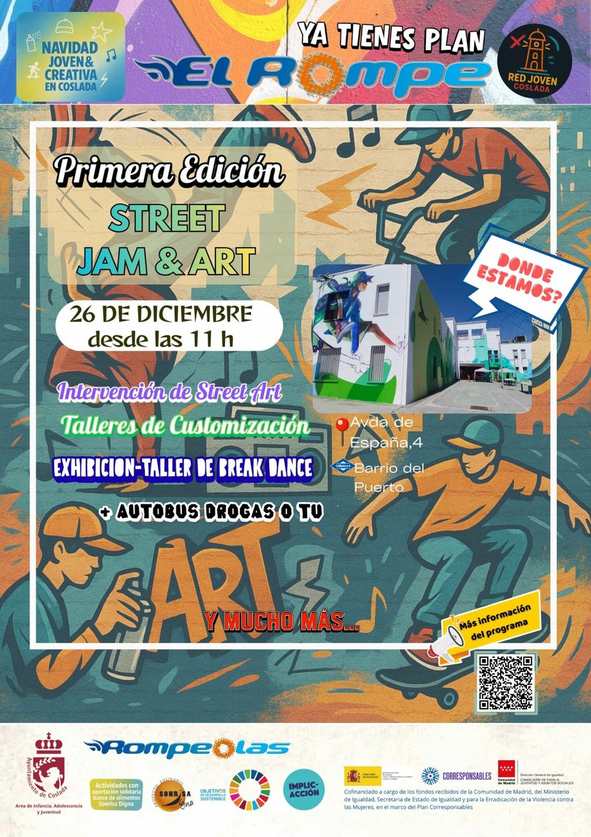 🎨🎶 ¡Street Art &amp; Jam! 

🖌️ Street art en directo
🎧 Jam musical
🎶 Exhibición de break dance

📍 #ElRompeolas 
📅 26/12
⏰ 11h

Ven a pintar, improvisar o simplemente disfrutar 🎤🖍️

ℹ️ Info ➡️ acortar.link/0KjgTY

#Juventud #RedJovenCoslada #Coslada
