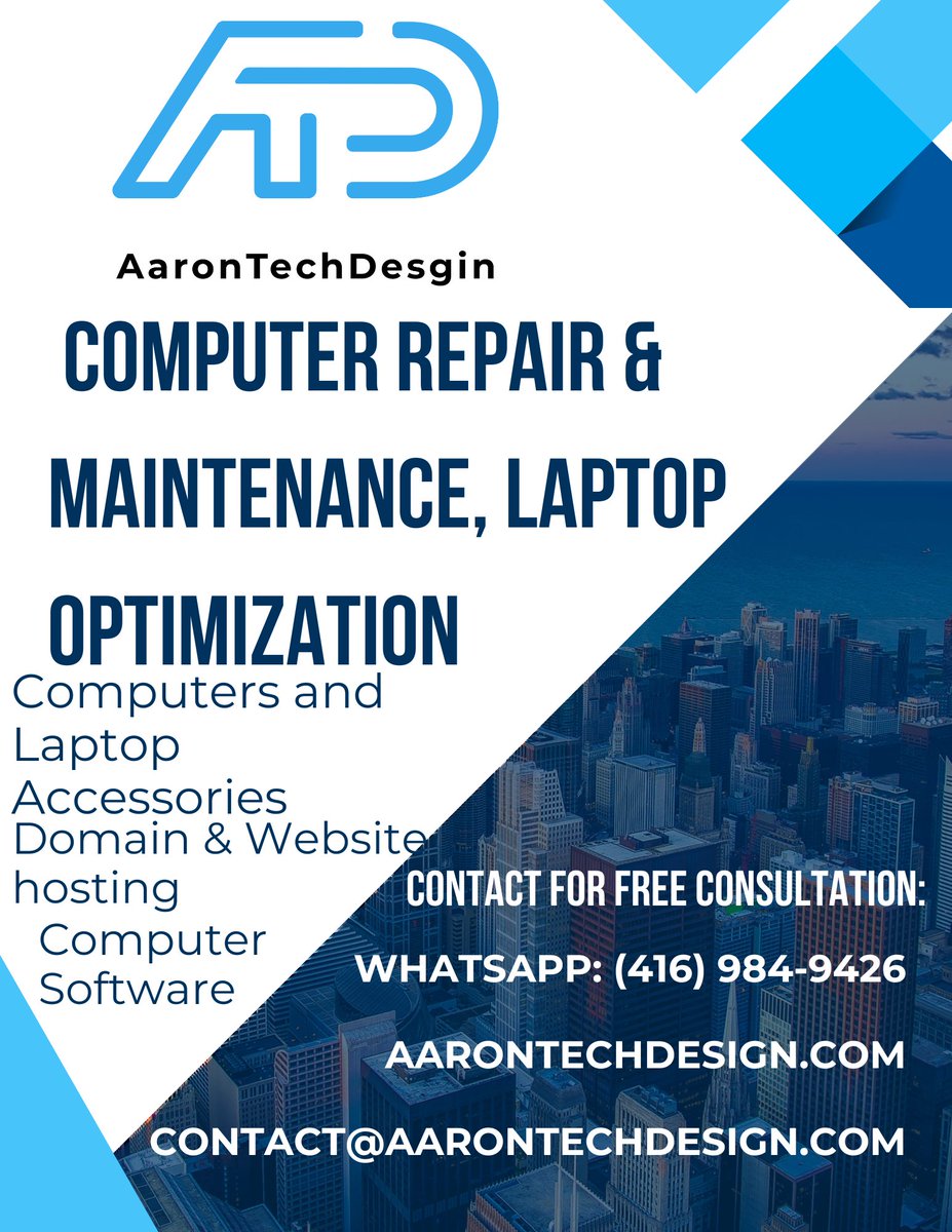 AaronTechDesign's tweet photo. https://t.co/2oD74tlv3c - We resolve all your technical inquiries! Client Solutions Computer Repair &amp; Maintenance, Laptop Optimization, Microsoft Office, computer software &amp; peripherals!

Connect today, we can help!!

WhatsApp: 416-984-9426
Email: Contact@AaronTechDesign.com https://t.co/kIDZnujfx2