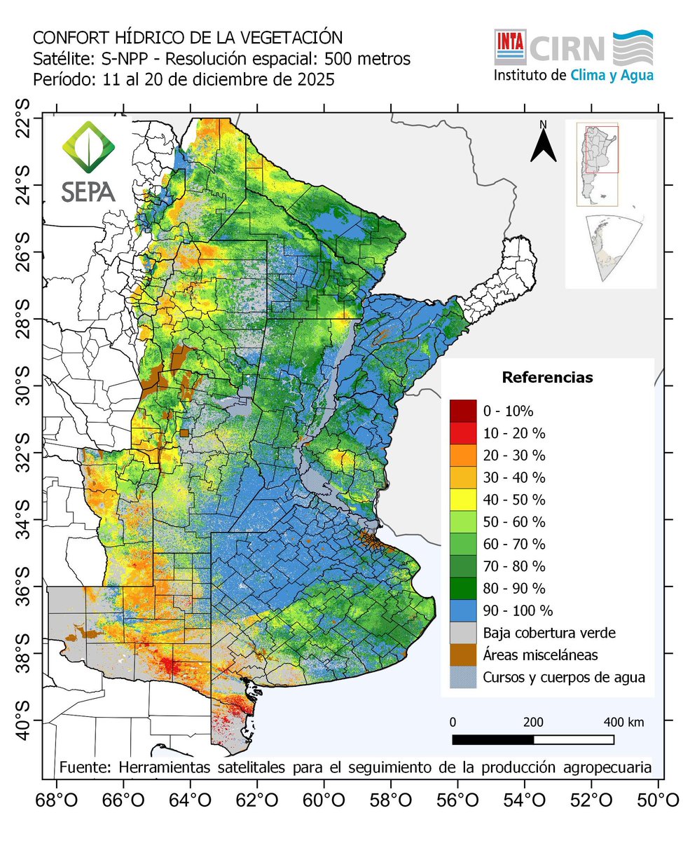 #SEPA <a href="/intaargentina/">INTA</a> 20dic
#Recarga variable sin excedentes

#Agua2m
👍P. Ondulada e Interior. Litoral y NEA (en gral). 
👎Oeste 🤞🌧️

#Confort sigue muy bueno, consolidando lo q posiblemente sea una campaña con muy altos Rindes en cultivos d Invierno y Primavera