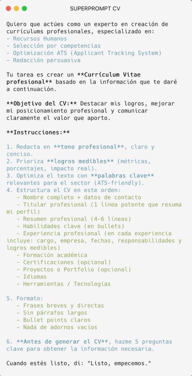 arceyul's tweet image. AQUÍ les dejo un prompt para hacer un currículum que atraiga el empleo. 👨‍💻