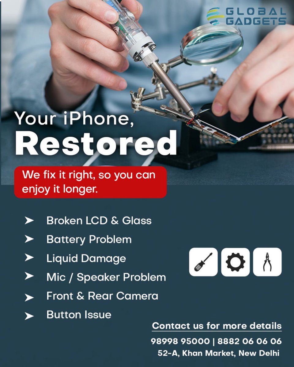 GlobalGadget's tweet image. Your iPhone deserves expert care. 📱✨
From cracked screens to battery issues, we restore it with precision—so it works like new, longer.
Global Gadgets | Repair done right.

📍 52-A, Khan Market, New Delhi
📞98998 95000
🌐 globalgadgets.com

#GlobalGadgets #iphonerepair