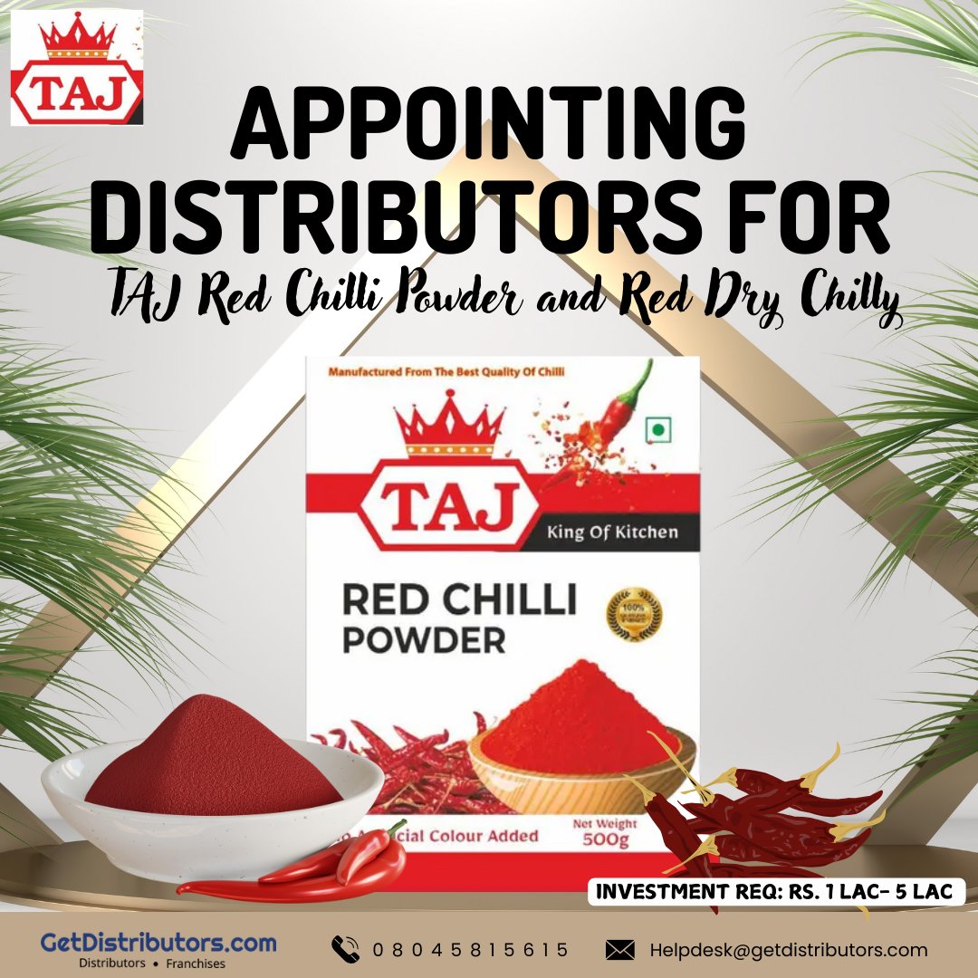 getdistributors's tweet photo. Appointing Distributors for TAJ Red Chilli Powder and Red Dry Chilly
Brand 👉 #TAJRedChilliPowder
Details  https://t.co/UJxvGE1KMp
★Investment Needed : ₹ 1 Lac - 5 Lac
★High profit margin
✓Hurry to take #Distributorship
Share your contact details
#JagadguruKhadarlingaChilli https://t.co/CTkMyB3MsC