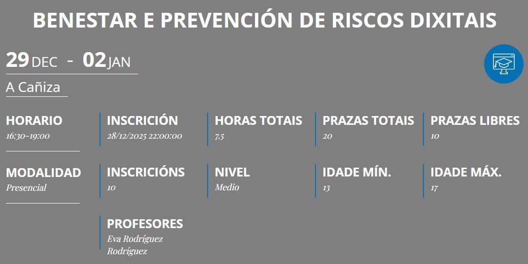 💙 Coida o teu benestar dixital con #RedeCeMIT
Aprende a previr riscos en internet, xestionar o estrés setecnolóxico e usar a rede de forma segura e saudable. 🗓️Será o 29/12 na #aulaCeMIT da Cañiza
 
 👉 bit.ly/45a3szu

#BenestarDixital #Formación #SeguridadeEnRede