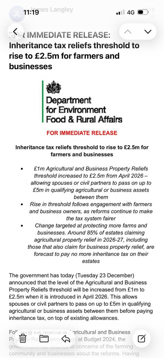 NoFarmsNoFoods's tweet image. Huge news for family farmers. The Labour government have finally u-turned on the inheritance tax on family farms. They have announced that the threshold is rising to £2.5m. It’s still not enough, but it’s still a huge victory for everyone who has relentlessly campaigned on this.