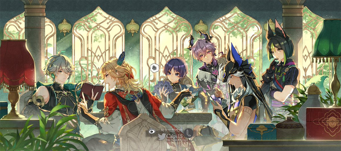 Calpi15's tweet image. "Not that there weren't times when people had time off and came to Hat Guy to play cards, chat, or even share delicious food." -Durin
#GenshinImpact #Durin #scaramouche 
It took me half a month to complete this piece🥺