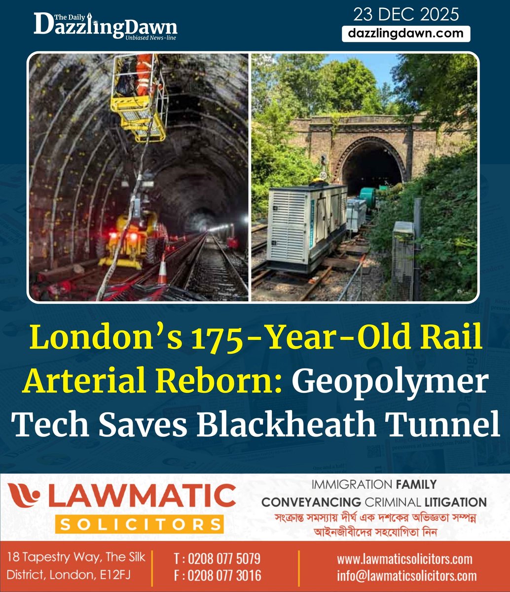 TheDazzlingDawn's tweet image. dazzlingdawn.com/2025/12/23/lon…

From Victorian brickwork to 21st-century geopolymer science, witness how a £10 million tech-driven restoration has just future-proofed London’s historic Blackheath

#BlackheathTunnel #LondonRail #CivilEngineering #InfrastructureInnovation #NetworkRail