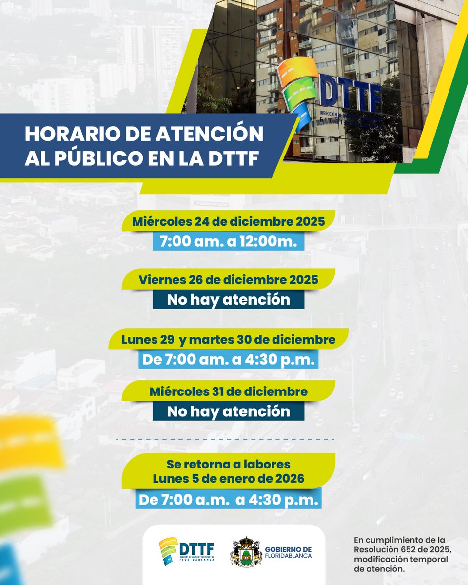 📢 Información de servicio
La Dirección de Tránsito informa que habrá horario especial de atención al público durante lo que resta del mes de diciembre.
Gracias por su comprensión.