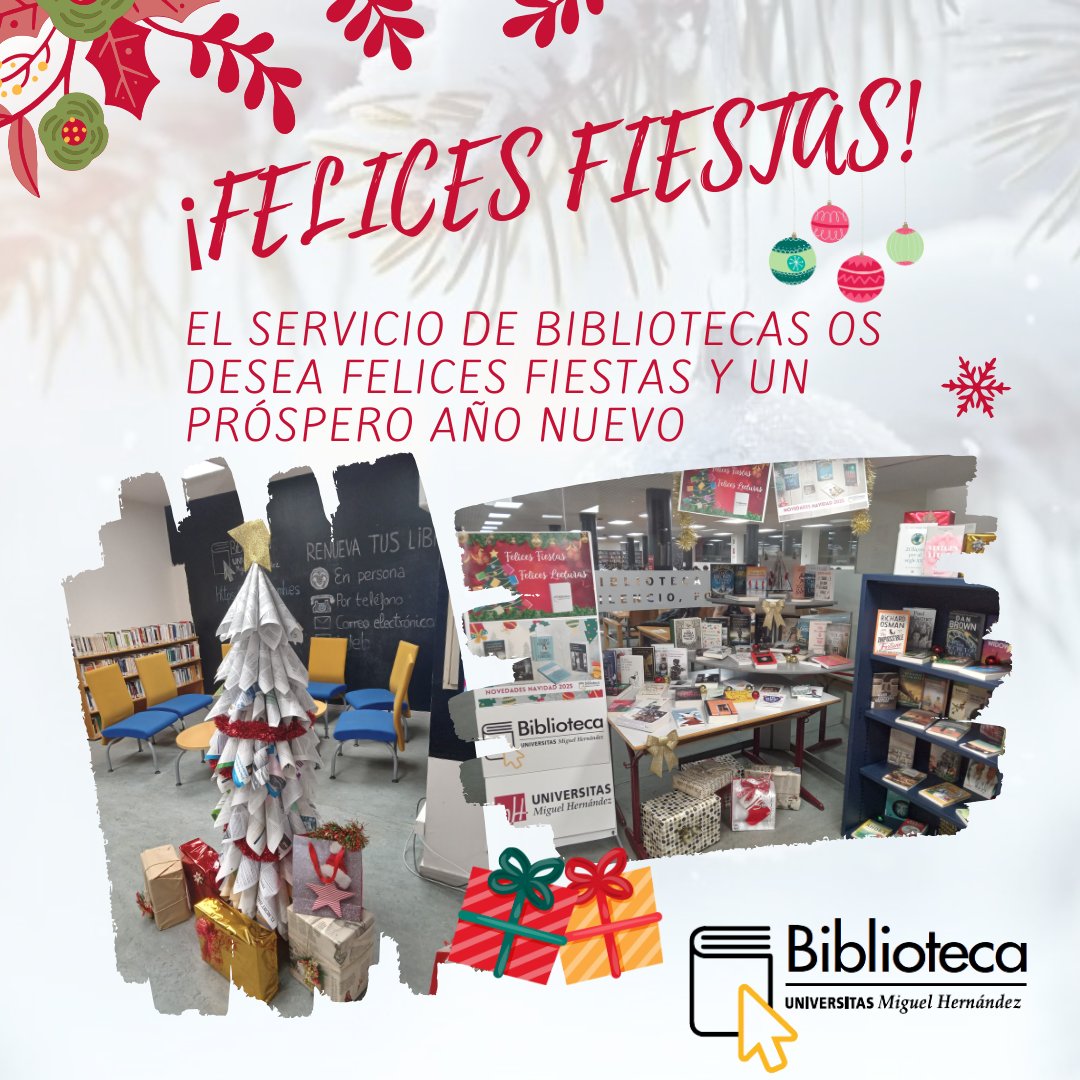 🎄Desde las Bibliotecas de la #UMH os deseamos unas Felices Fiestas llenas de lecturas y buenos momentos.
📚Las Bibliotecas permanecerán cerradas hasta el 6 de Enero 🗓️
Podéis consultar las salas de estudio 24 horas ➡️ acortar.link/oPXuRy
Nos vemos el 7 de Enero 👋