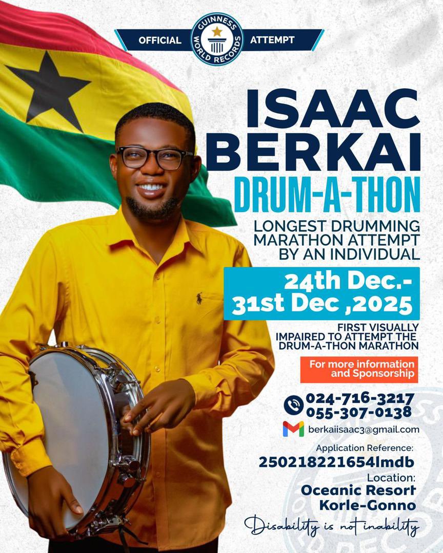 Meet Isaac Berkai(UEW Political Science graduate from Korle-Gonno)and first visually-impaired to embark on the GWR Attempt for the Longest Drumming Marathon by an individual at the Oceanic Beach from the 24th Dec to 31st December,2025. Disability is not inability!Let’s go viral👏
