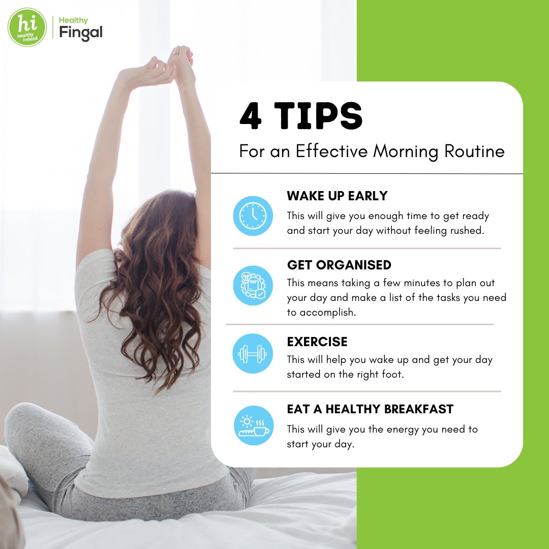 HealthyFingal's tweet image. 4 Tips For an Effective Morning Routine ☀️

✅ Wake up early!
✅ Get organised!
✅ Exercise!
✅ Eat a healthy breakfast!

The way you start your morning says everything about how you’ll own the day!

@HealthyIreland