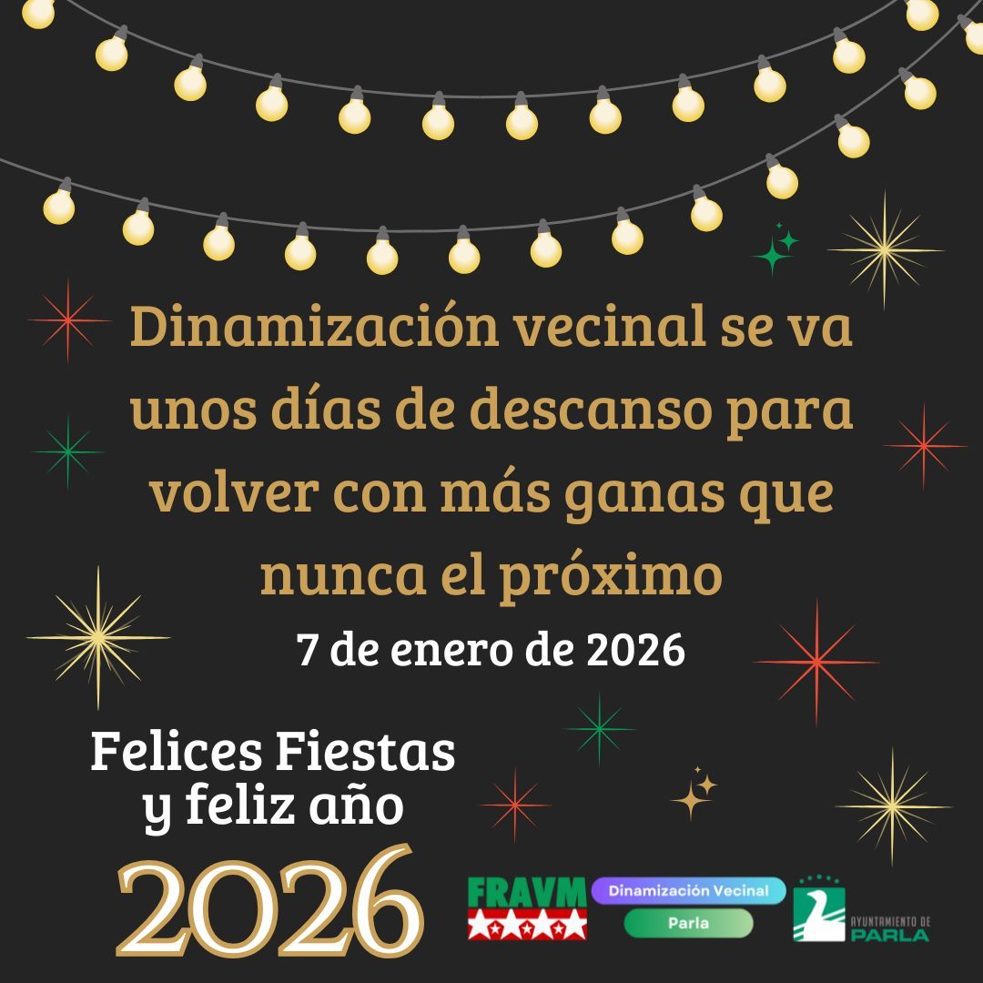 Nos vamos de vacaciones🥳🥳. Volvemos el 7 de enero con muchas ganas de participar y hacer cosas en colectivo.🎄🤩😘  
#participacion #dinamizacionvecinal #parla
<a href="/AytoParla/">Ayuntamiento de Parla</a>
@fravm_madrid