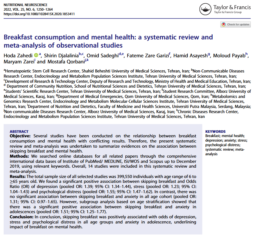 NTFabiano's tweet image. Skipping breakfast is associated with an increased odds of depression.