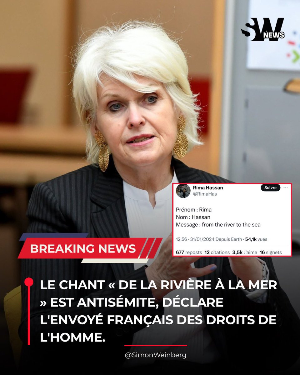 SlMONWEINBERG's tweet image. 🔴🇫🇷 | FRANCE &amp;gt; Le chant « De la rivière à la mer » est antisémite, déclare l'envoyé français des droits de l'homme, Isabelle Lonvis-Rome. 

Deux jours après la fusillade meurtrière lors d’un événement de Hanoukka à Sydney, la France durcit officiellement sa position sur certains…