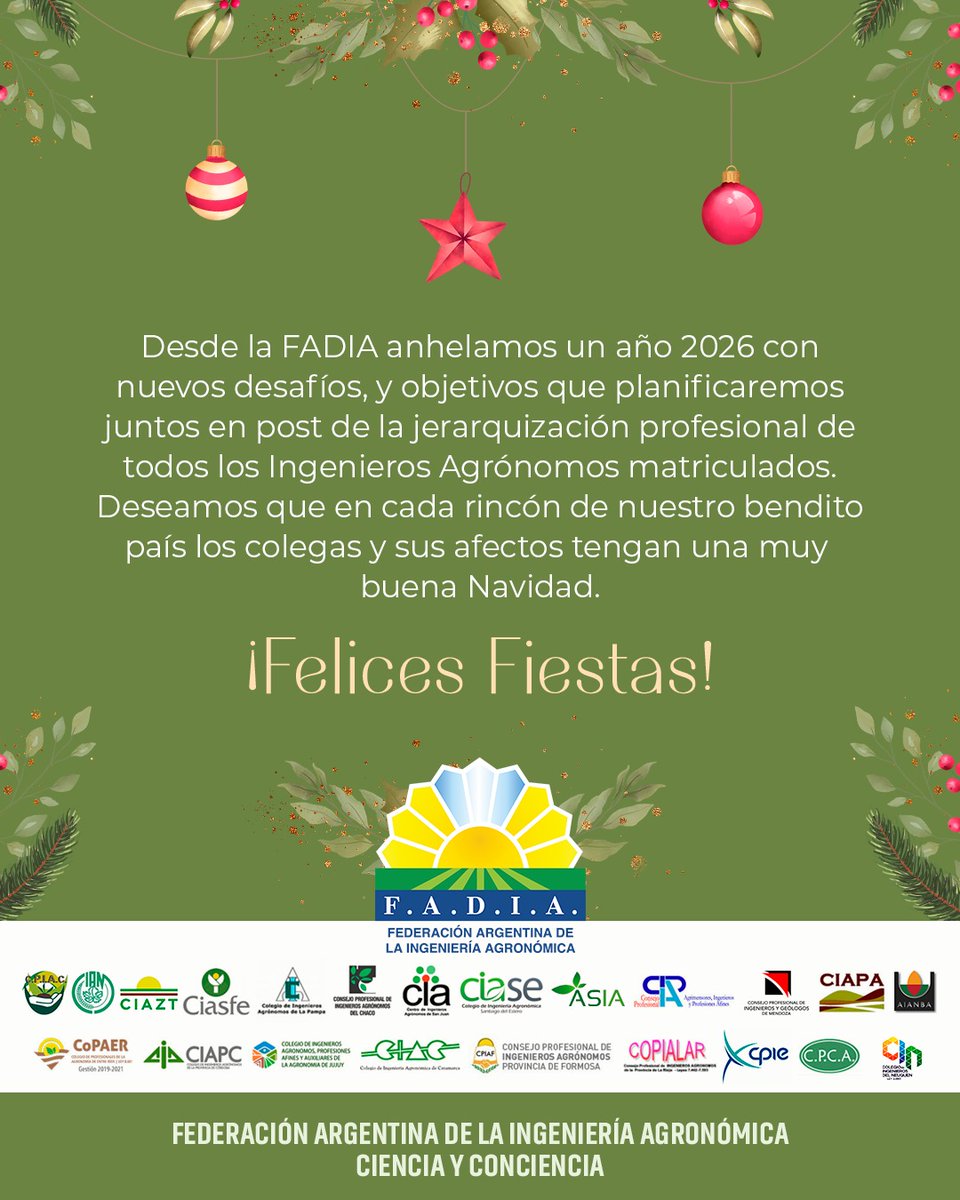 La Federación Argentina de la Ingeniería Agronómica - #FADIA, les desea una #FelizNavidad en familia y en paz.🎄