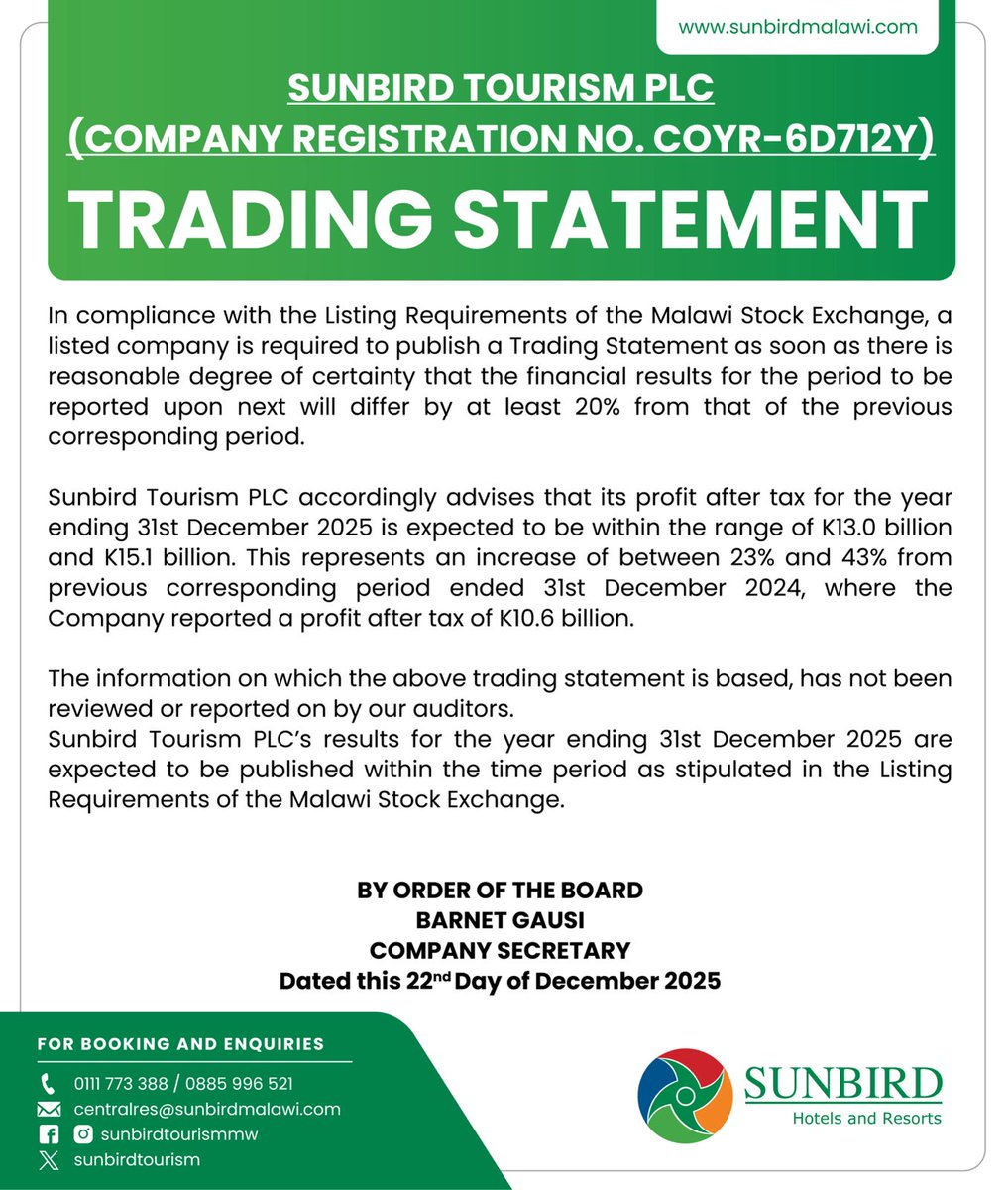 Sunbird Tourism PLC Trading statement for the year ending 31st December, 2025.