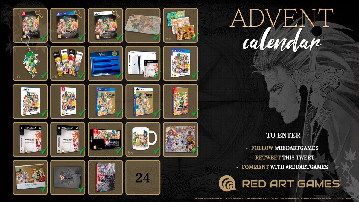 SAGA ADVENT CALENDAR 23 🎁 | The prize of today is a Romancing SaGa Steelcase 😍 

➡️ To participate: RT this tweet+follow <a href="/RedArtGames/">Red Art Games</a> &amp; reply with #RedArtGames 

Winner to be announced on January 7, 2025.