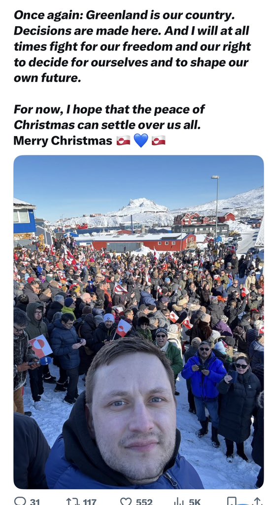 Scenario for 2026

„The US claims Greenland. Puts down a flag. Changes maps. Forces media to declare it as American territory like American Samoa. Waits for reactions.

Some in EU respond strongly. Recall ambassadors. Break off relations. Others do not. EU faces deepest divide on