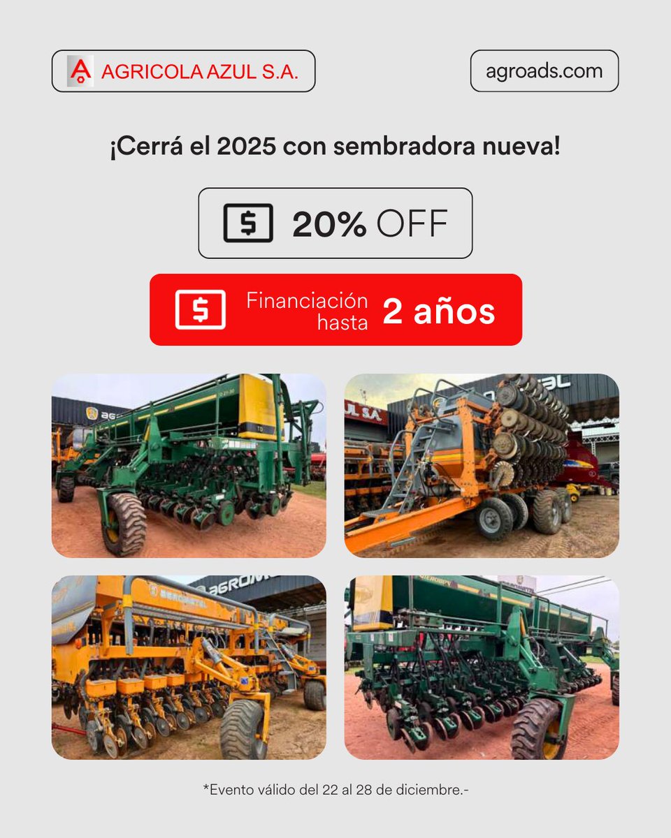 Agroads's tweet image. Sembrá ahora con condiciones que rinden. 🌱
Financiación hasta 2 años y (🎅 20% OFF) para cerrar antes de la campaña en sembradoras usadas.
Entrá a bit.ly/3MPpYaH .-

#agroads #agricolaazul #sembradoras #usadas #financiacion #descuento #campo #agro