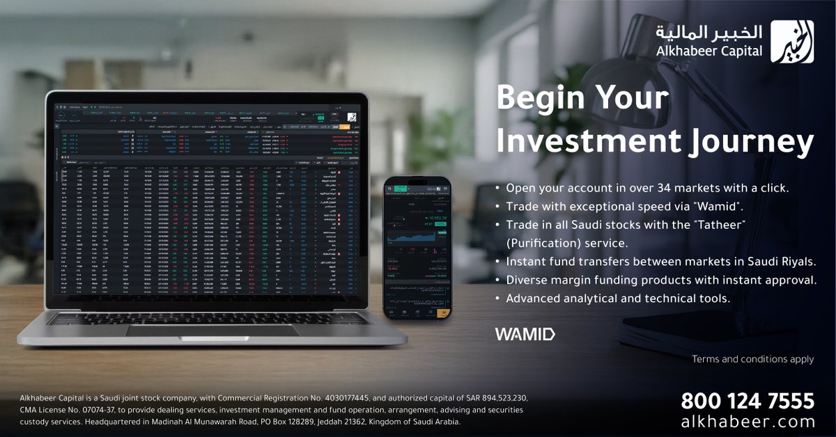 AlkhabeerCap's tweet photo. Start your investment journey with Alkhabeer Capital and trade in the Saudi market and over 34 global markets through a seamless brokerage experience. https://t.co/9UbktI9Fdb