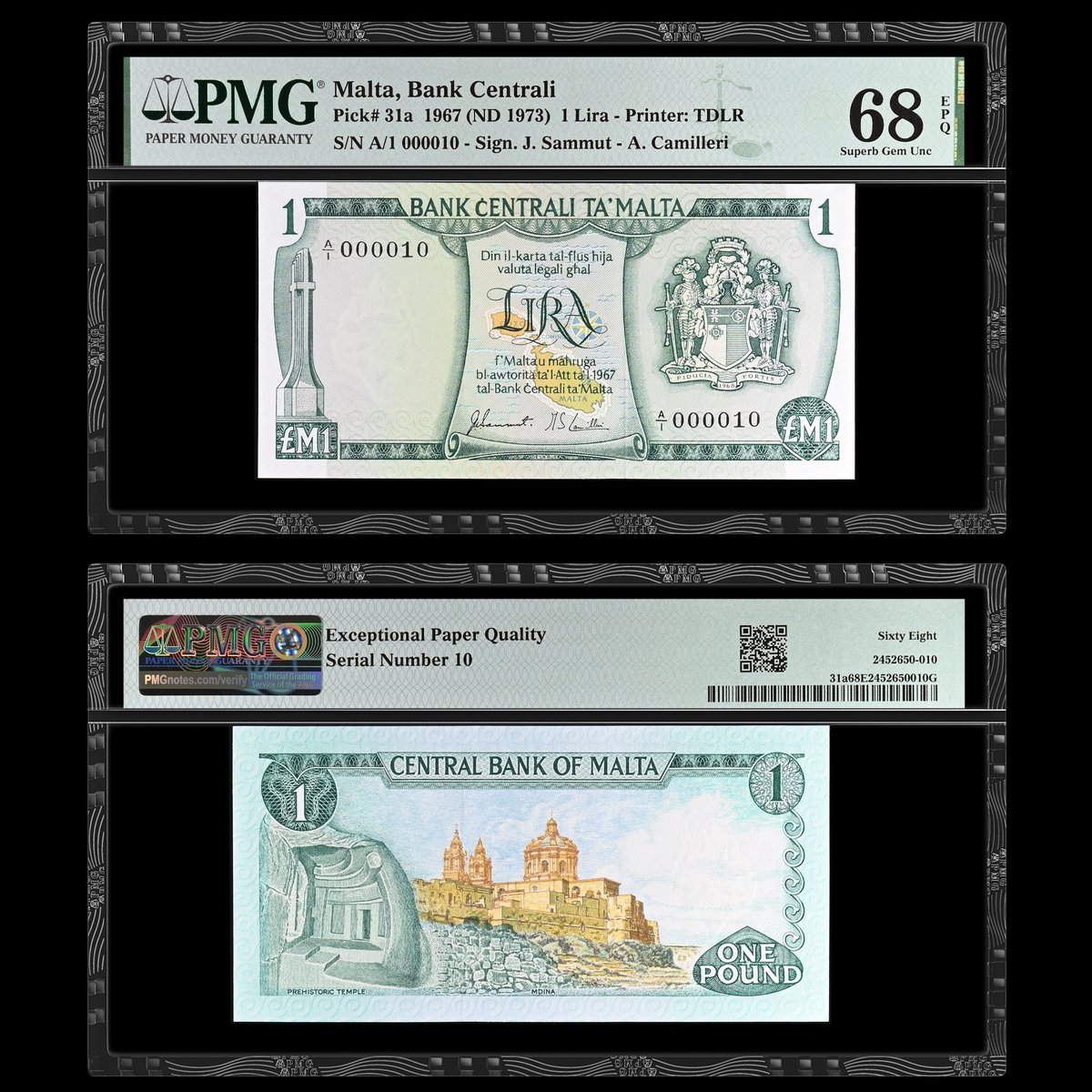 PMGnotes's tweet image. Note of the Day: #TravelTuesday brings us to Mdina, Malta, home to St. Paul’s Cathedral, which is shown on the back of this 1967 (ND 1973) Lira. To left of the cathedral is an ancient temple.  #banknotes #notecollection #nicaragua #malta #lira #cathedral #stpaul #church #temple