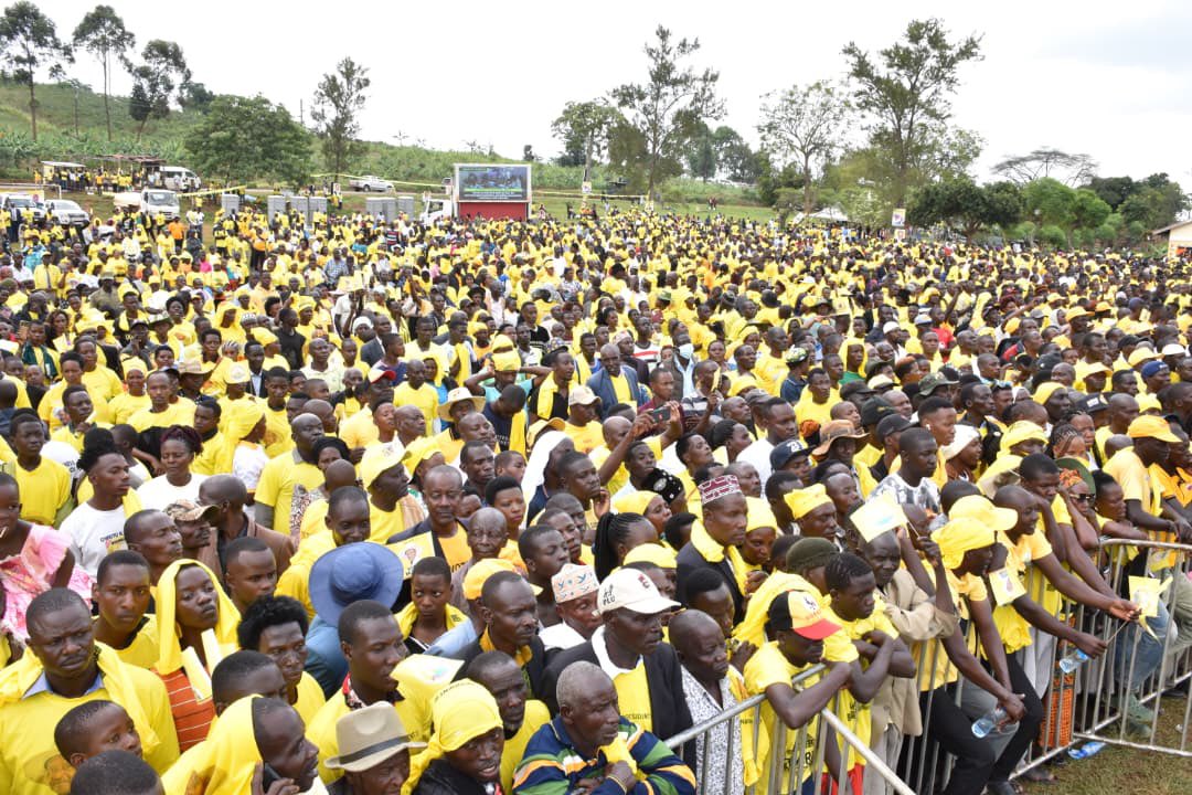 Happiness and joy engulfed the massive crowd gathered at Nsambwe Primary School in Gomba district with the arrival of the NRM Presidential Candidate, Yoweri Museveni, for his first rally of the day. Several Senior Party leaders were on ground to receive the tried, tested and