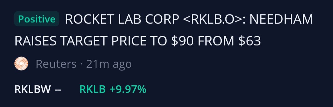 $RKLB

NEEDHAM RAISES TARGET PRICE TO $90 FROM $63

LFG! 🚀