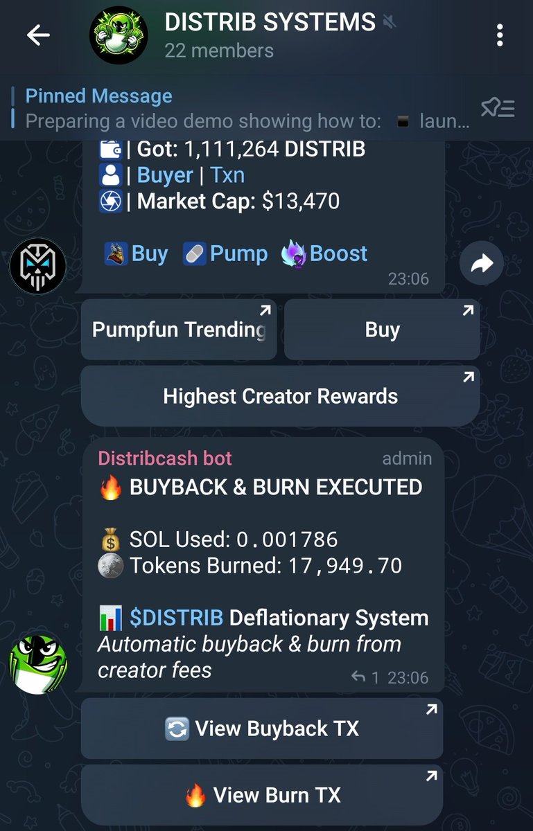 Buyback &amp; burn tracking is now live in our Telegram community t.me/distribcash
We’re currently working on the Telegram launch bot for the $DISTRIB Launch System.
More updates coming soon.
