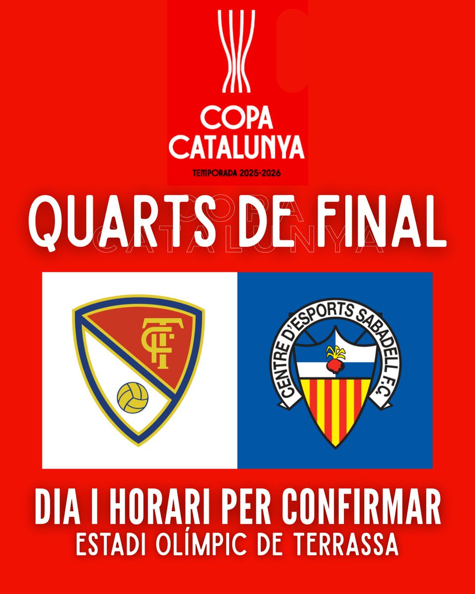 𝗢𝗙𝗜𝗖𝗜𝗔𝗟 ❗ El <a href="/CESabadell/">CE Sabadell 🧅</a> serà el nostre rival als QUARTS DE FINAL de la #CopaCat

🏆 El partit se celebrarà a l'Estadi Olímpic de #Terrassa en dia i hora per confirmar

🙌 AMUNT #TERRASSA 🙌