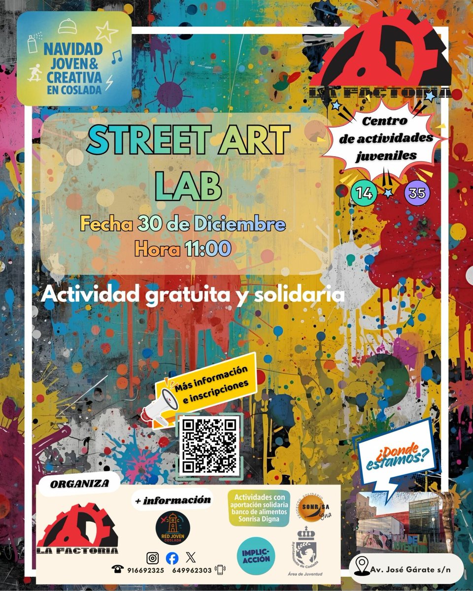 🕺 Arte Urbano en #LaFactoría: doble cita en diciembre ✨👇

🎶 Master Class de Baile Urbano
🗓️ 29 de diciembre

🎨🧪 Street Lab Art
🗓️ 30 de diciembre

¡Participa llenando la ciudad de arte! 🎶🎉

ℹ️ Info➡️ acortar.link/0KjgTY

#RedJovenCoslada #CulturaUrbana #Juventud