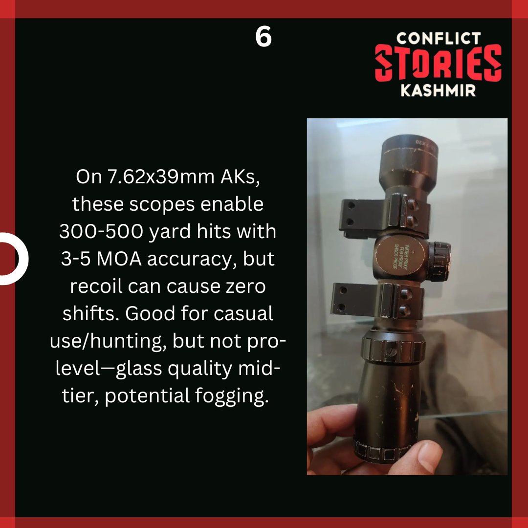 ConflictStories's tweet image. [ 6/6 ] 
 
On 7.62x39mm AKs, these scopes enable 300-500 yard hits with 3-5 MOA accuracy, but recoil can cause zero shifts. Good for casual use/hunting, but not pro-level—glass quality mid-tier, potential fogging. 
 
#ShootingTech #AKPlatform #WeaponMods #DefenseNews