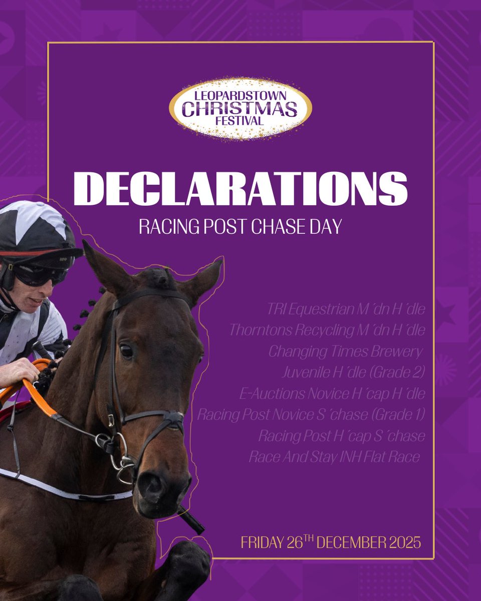 Declarations are out for Day 1 of the Leopardstown Christmas Festival-  Racing Post Chase Day🎄

Romeo Coolio, Barbizon, Mange Tout, Shaken, Irish Panther, July Flower, Doctor Du Mesnil all among the highlights.

Let the festive racing begin🤩

🔗 status.hri-ras.ie/entries/Micros…