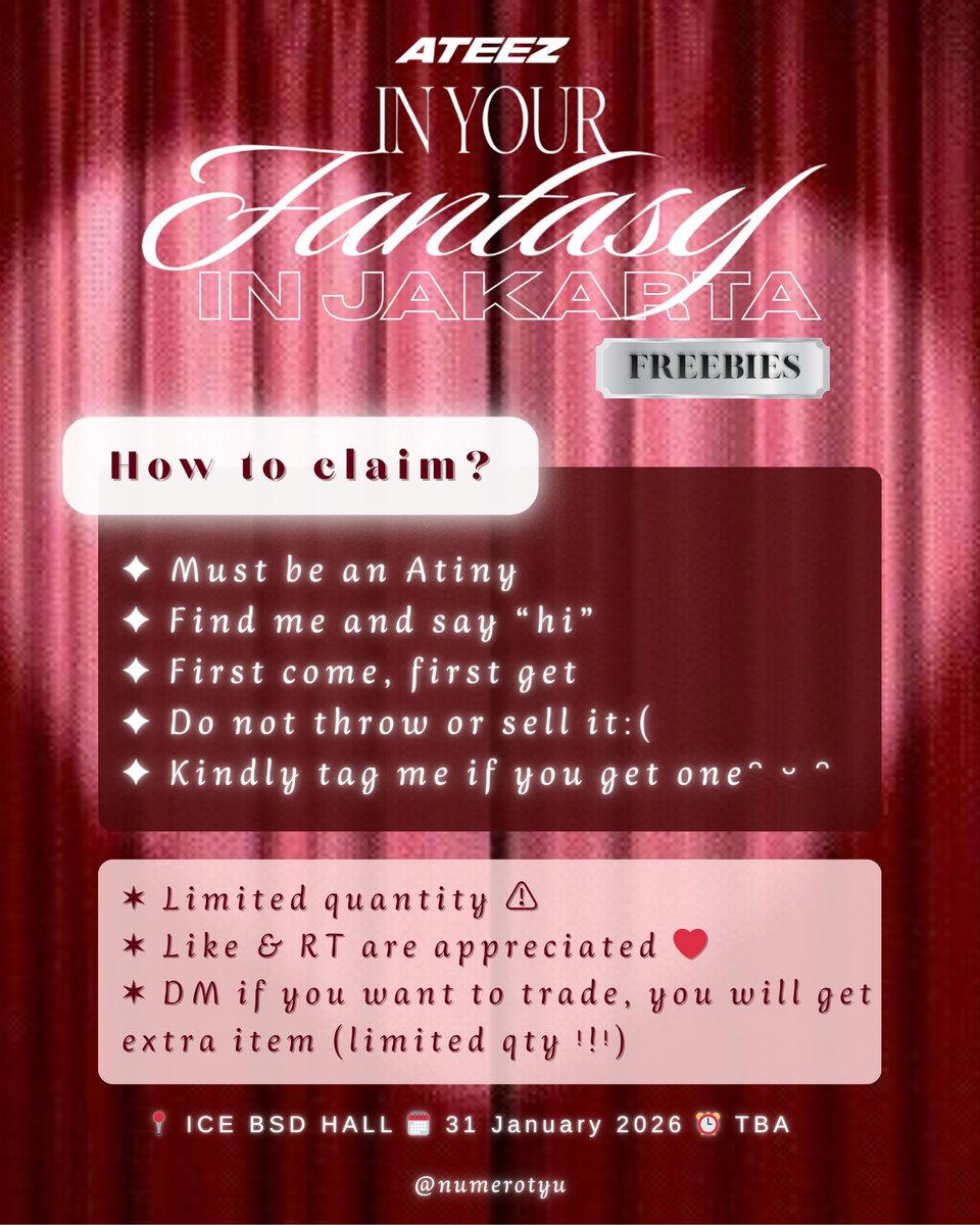 numerotyu's tweet photo. 🔖ATEEZ IYF IN JAKARTA FREEBIES
by @numerotyu 

📍ICE BSD (exact place TBA)
📅 31/01/2026
⏰ TBA

꩜ Check the pict for details 
꩜ Like &amp; RT are appreciated 
꩜ DM if you want to trade, you will receive an extra item 😉 (Limited qty ‼️)

See you there, Atiny ⸜𐔌՞ ܸ.ˬ.ܸ՞𐦯⸝🏴‍☠️ https://t.co/z4jDDMTvKy