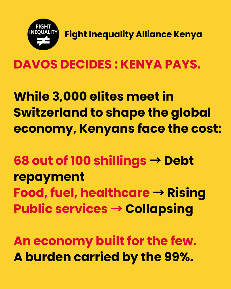 Davos meets. Kenya pays.

68 out of every 100 shillings go to debt as food, fuel, and healthcare costs rise.

Public services are stretched while wealth piles up at the top.

This economy works for the few, not the 99%.

#WeThe99 #RedLineAgainstDavos #KenyaSpeak