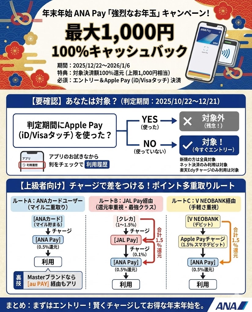 showchan82's tweet photo. ANA Payのタッチ決済で最大100％がキャッシュバック

✅上限1,000円
✅2025年10月22日以降で”タッチ決済”を使っていない人

🔻エントリー
https://t.co/XsDmizUMKX

🔻キャンペーン解説記事
https://t.co/rIPN9S4AC6

チャージ前提くらいで使っている人は対象になるはずなのでぜひ活用しましょう✨ https://t.co/YTSm21g08g