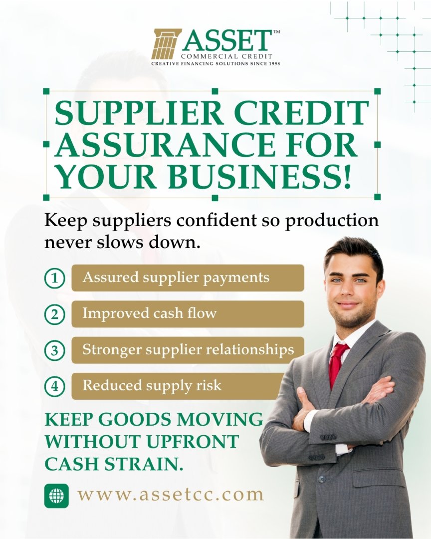 Build supplier trust with guaranteed payments.
Asset Commercial Credit™ helps you secure the inventory you need while protecting your cash flow. 
📞 Call: 1-888-255-1850 ext 201
🌐 Website: assetcc.com
📅 Schedule a meeting: calendly.com/shau.../free-b…